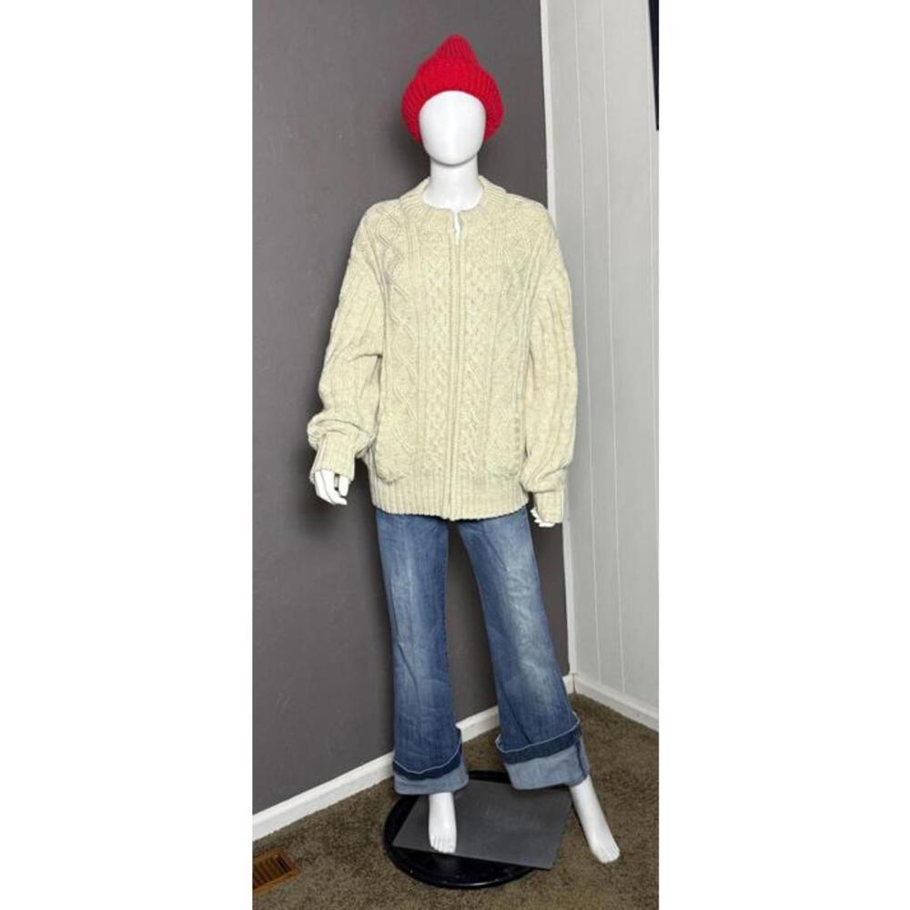 Vintage 1990’s Cream Cable Knit Fishermans Cardigan from THANE size XL Full Zip